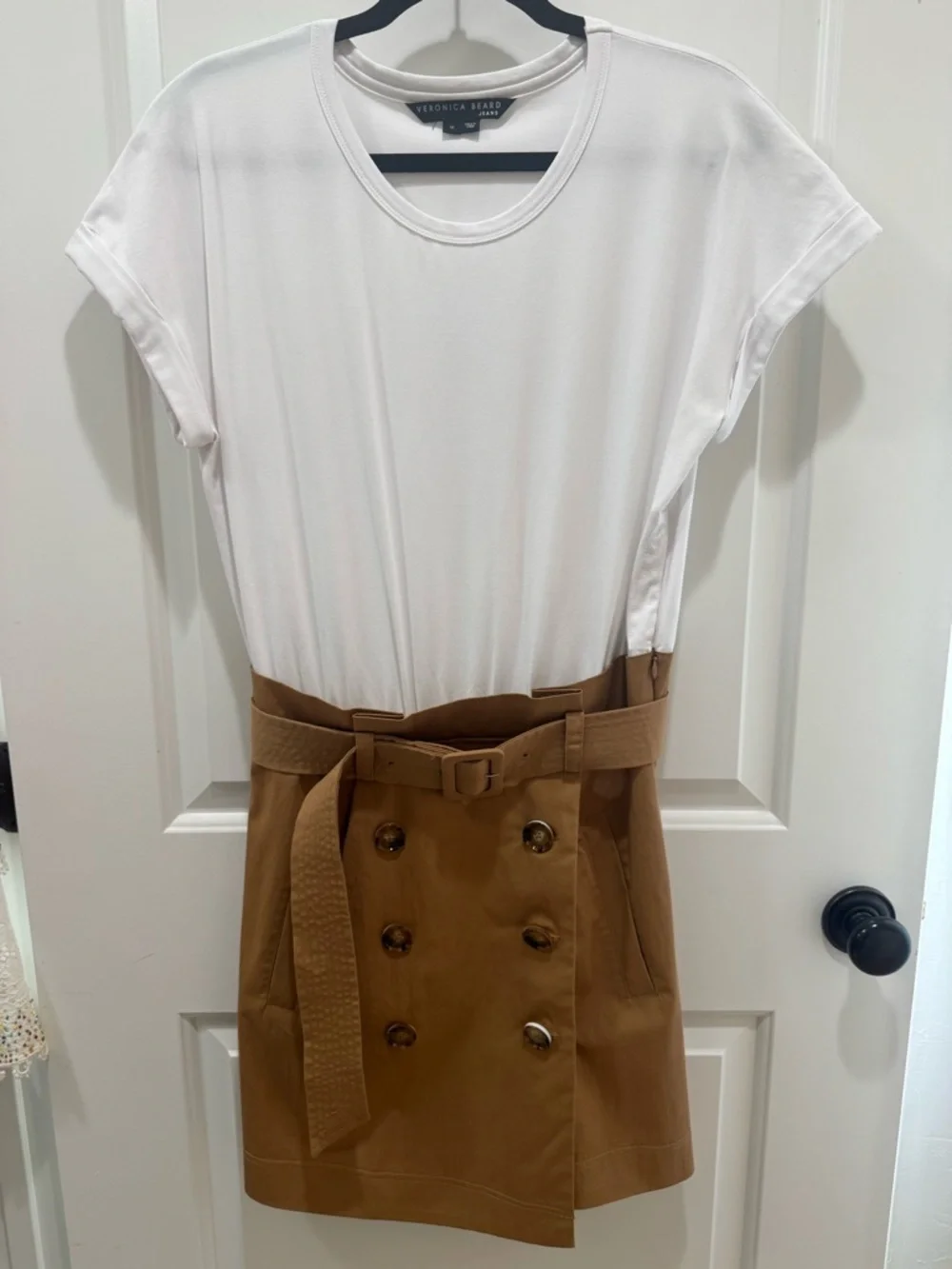 Veronica Beard Melany Mixed Media White and Tan High-Waist Belted Mini Dress - Picture 8 of 13